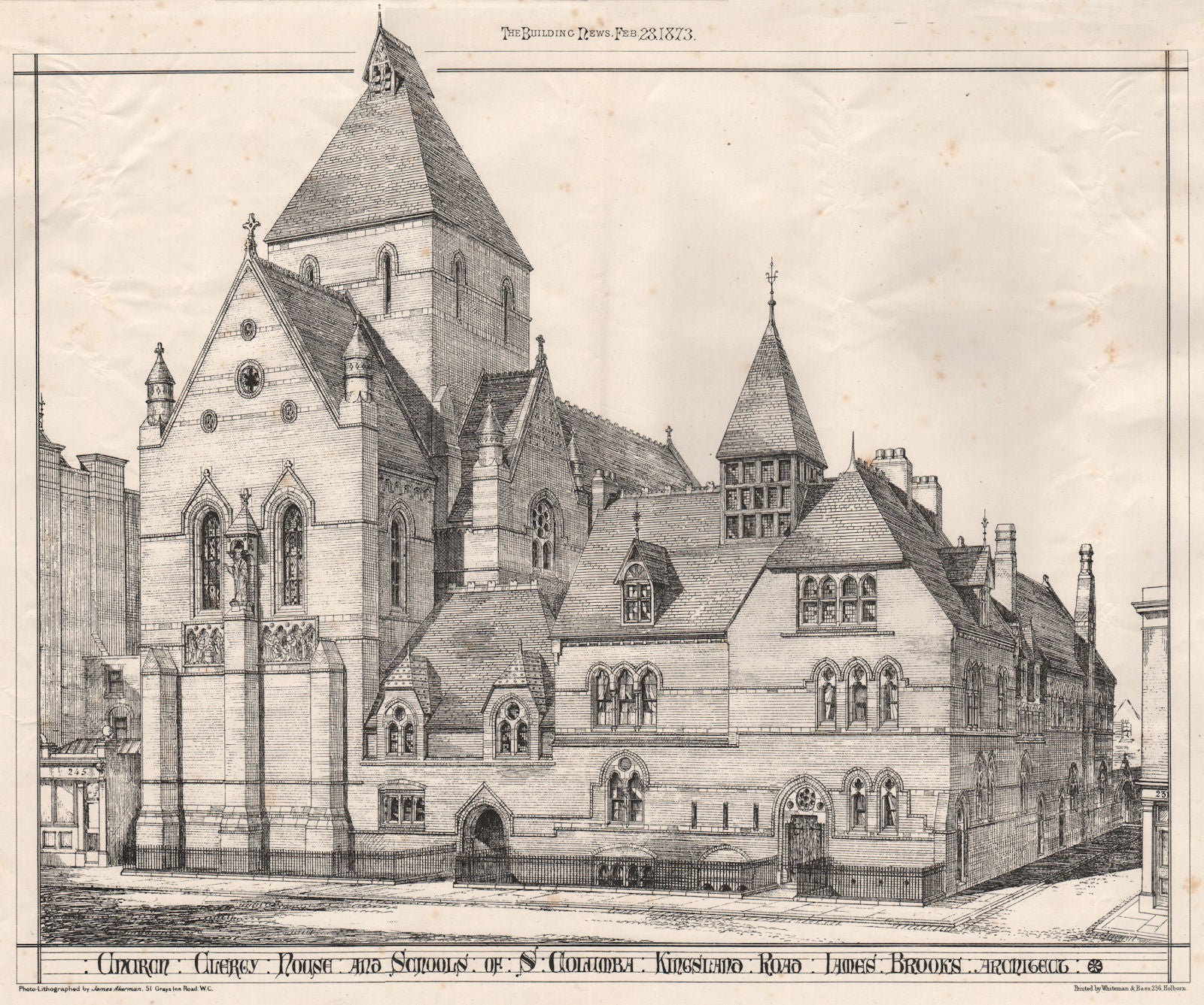 Church clergy house & schools of St. Columba, Kingsland Road; James Brooks 1873